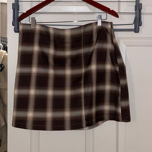 Brown Plaid Mini Skirt with Slit